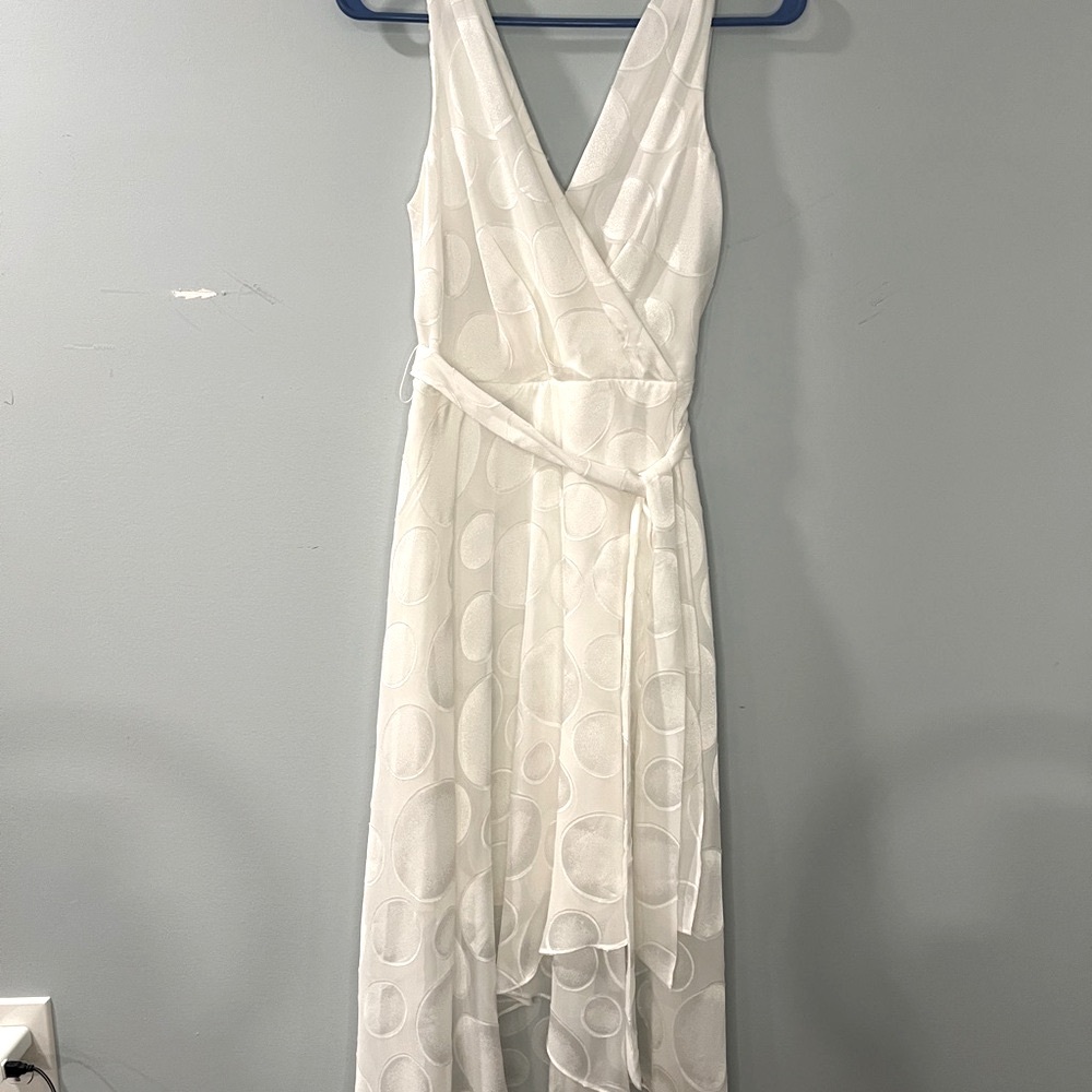 DKNY 12 Dot White Chiffon Sleeveless Asymmetrical Midi Dress